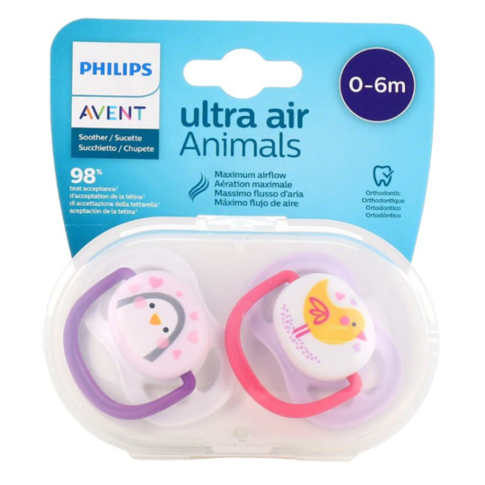 Philips Avent Sucettes Ultra Air animaux 0-6 mois — lot de 2 — sucettes orthodontiques aérées avec boîtier de stérilisation