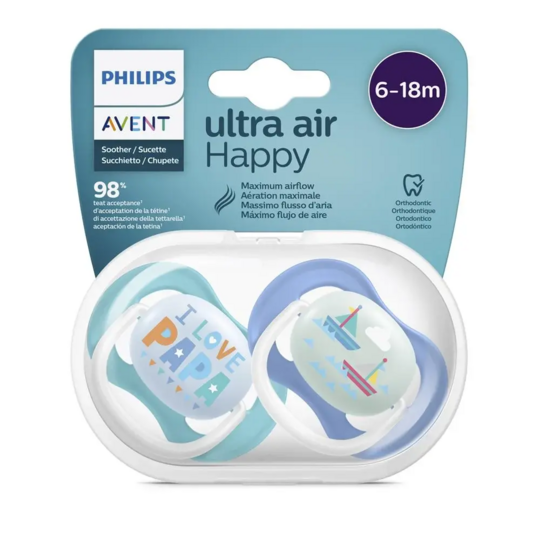Philips Avent Sucettes Ultra Air I Love Papa 6-18 mois — lot de 2 — sucettes orthodontiques aérées avec boîtier de stérilisation