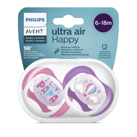 Philips Avent Sucettes Ultra Air I Love Papa 6-18 mois — lot de 2 — sucettes orthodontiques aérées avec boîtier de stérilisation