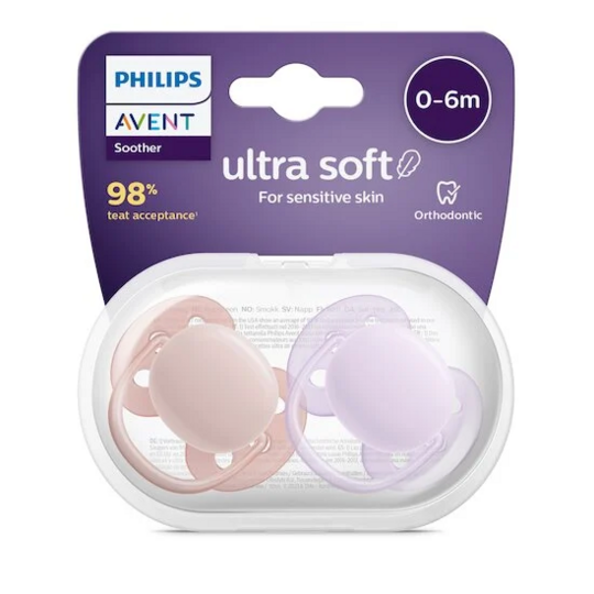 Philips Avent sucettes Ultra Douce multicolore 0-6 mois lot de 2 – sucette orthodontique peau sensible bébé