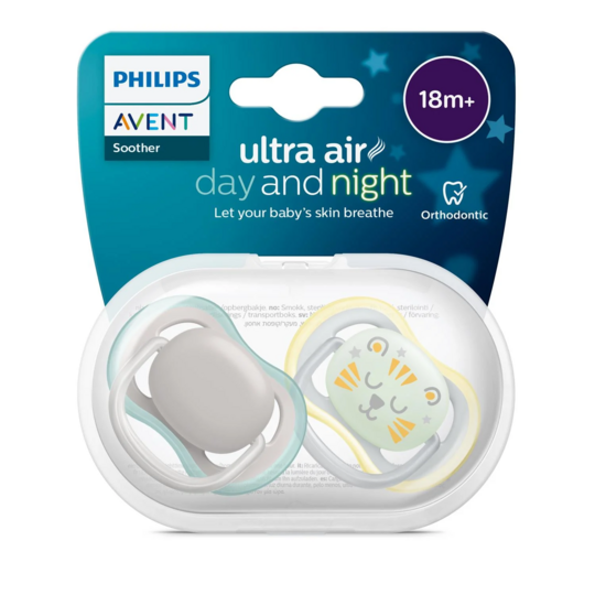 Philips Avent Ultra Air Day & Night sucettes orthodontiques 18+ mois décor gris perle bleu ciel jaune vanille — lot de 2 — sucettes silicone aérées phosphorescentes