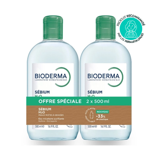 Bioderma Sébium H2O eau micellaire purifiante peaux mixtes à grasses 2 x 500 ml nettoyage & sébo-régulation