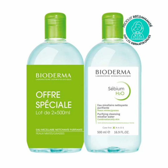 Bioderma Sébium Eau Micellaire H2O Peaux Grasses 2 x 500 ml nettoyant purifiant peau grasse
