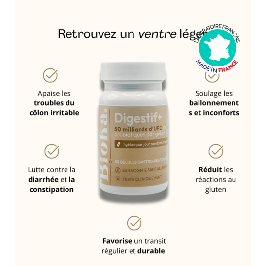 Bioka Digestif+ 30 gélules gastro-résistantes probiotiques digestion et transit