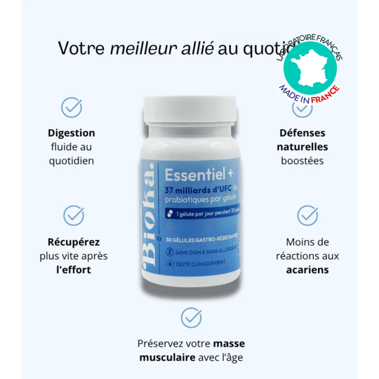 Bioka Essentiel+ 30 gélules gastro-résistantes probiotiques microbiote et immunité