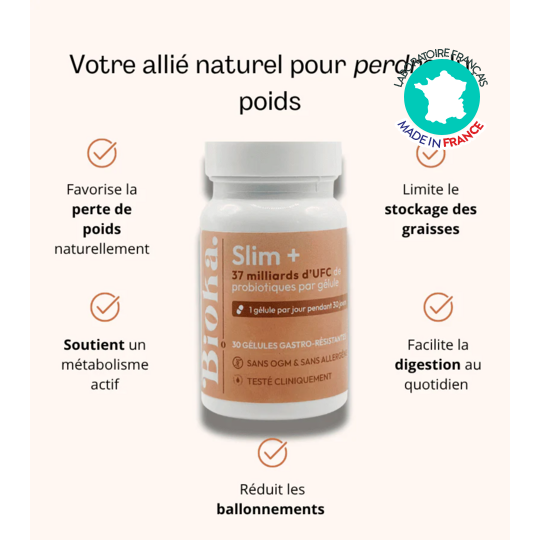 Bioka Slim+ 30 gélules gastro-résistantes probiotiques gestion du poids et microbiote