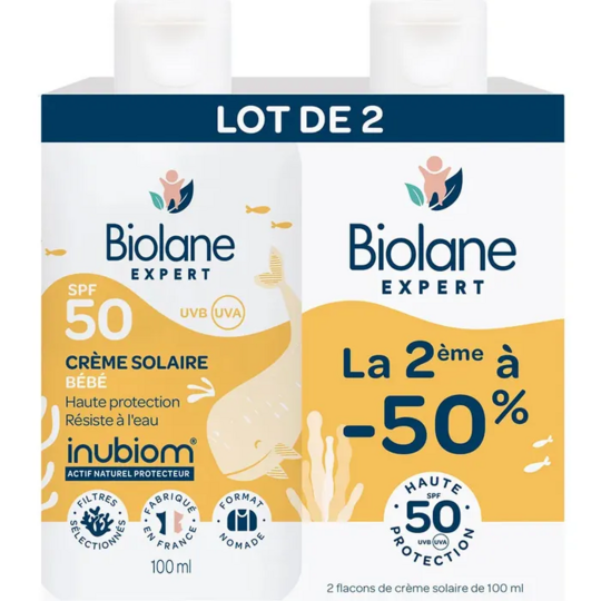 Biolane Expert Crème solaire bébé SPF 50 2 × 100 ml – crème solaire bébé haute protection
