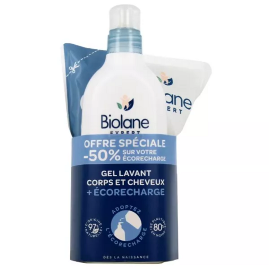 Biolane Expert gel lavant corps et cheveux 500 ml + recharge 500 ml – gel douche bébé douceur