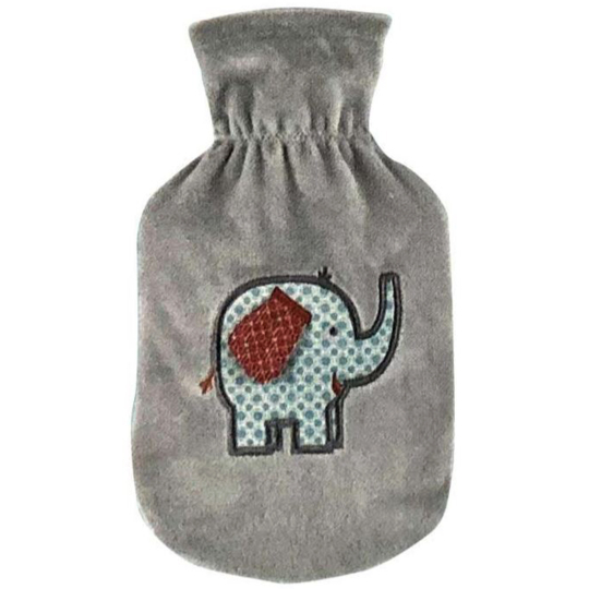 Bouillotte à Eau - Housse Velours Grise Motif Éléphant - 0.8 litres