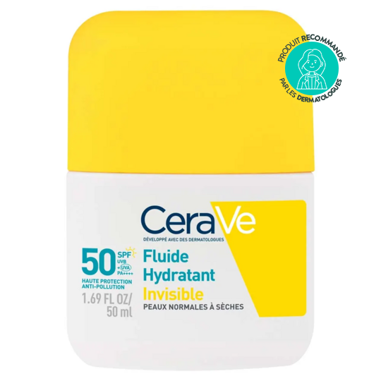 CeraVe fluide hydratant invisible SPF50 visage 50 ml – fluide solaire anti-pollution anti-taches céramides peaux normales à sèches