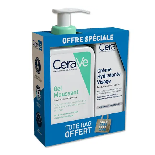 Cerave Gel Moussant 236 ml + Crème Hydratante Visage 52 ml + Tote bag offert