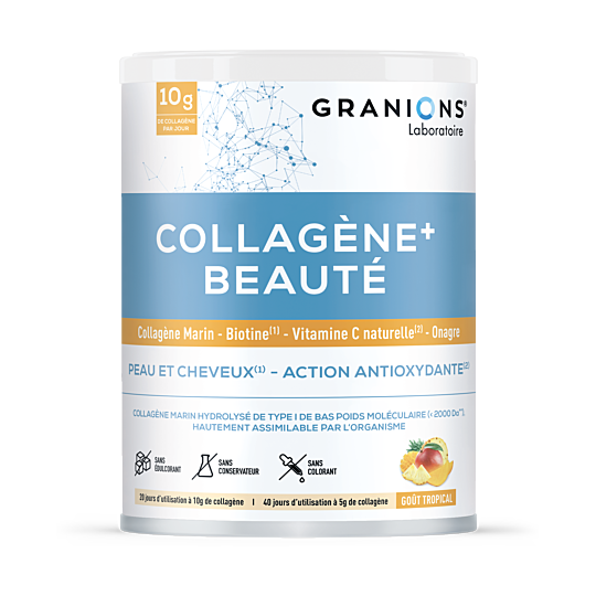 Granions Collagène + Beauté Goût Tropical 220 g – Collagène marin, acide hyaluronique et biotine pour la peau, les cheveux et les ongles