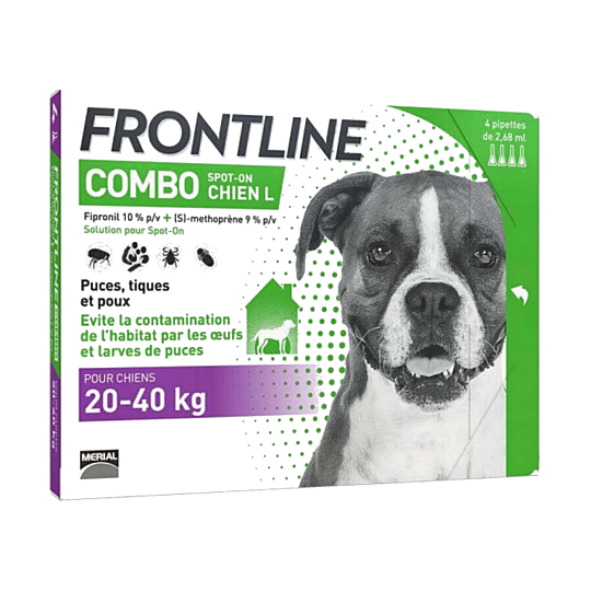 Frontline Combo Chien L 20–40 kg – Antiparasitaire externe chien 20–40 kg – Solution pour application cutanée spot-on – Boîte de 4 pipettes