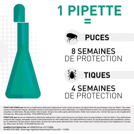 Frontline Combo Chien L 20–40 kg – Antiparasitaire externe chien 20–40 kg – Solution pour application cutanée spot-on – Boîte de 4 pipettes