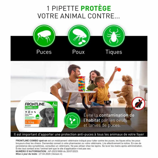 Frontline Combo Spot-On Chien S 2–10 kg 6 pipettes de 0,67 ml – Protection antiparasitaire complète