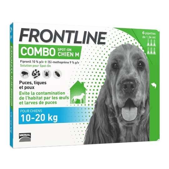 Frontline Combo Chien M 10–20 kg – Antiparasitaire externe chien 10–20 kg – Solution pour application cutanée – Boîte de 6 pipettes