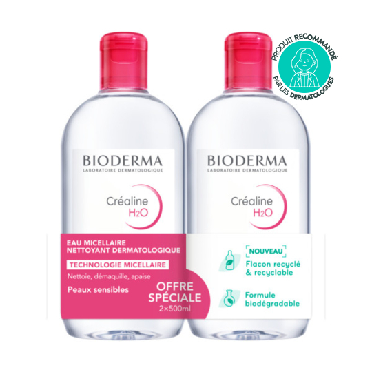 Bioderma Créaline H2O duo peaux très sèches – Eau micellaire démaquillante visage et yeux 2 x 500 ml