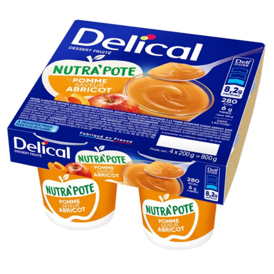 Delical Nutrapote dessert pomme abricot 4x200 g — complément nutritionnel oral dénutrition et dysphagie