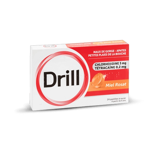 Drill Pastilles Maux de Gorge Miel Rosat 24 pastilles