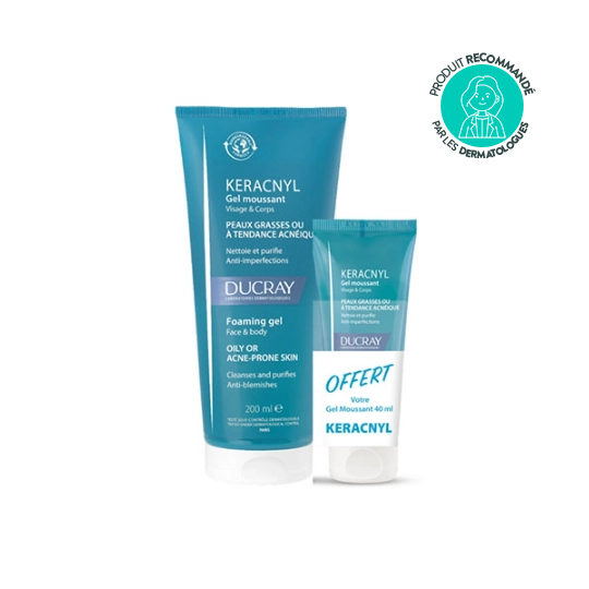 Ducray Keracnyl gel moussant peaux grasses à imperfections 200 ml + 40 ml offert nettoyant purifiant