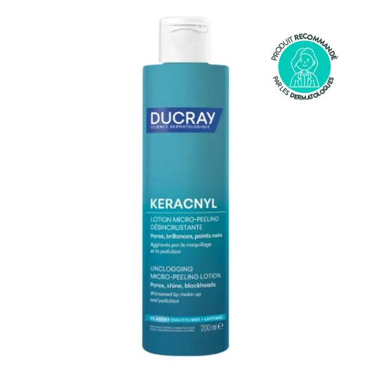 Ducray Keracnyl lotion micro-peeling désincrustante 200 ml — soin purifiant anti-imperfections et pores dilatés