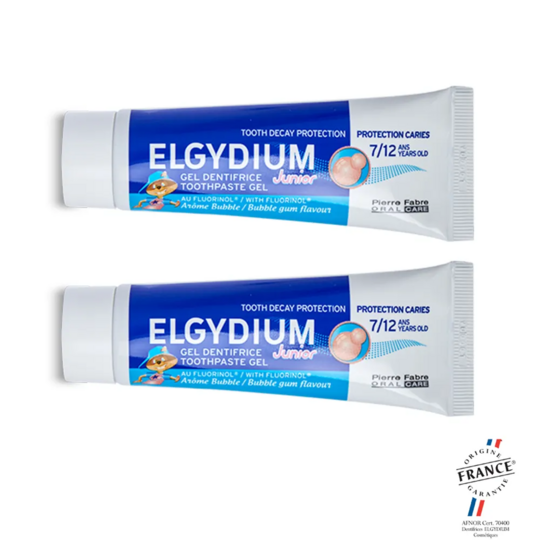 Elgydium Junior Dentifrice Bubble 7 à 12 ans Duo 2 x 50 ml – Protection renforcée des premières dents définitives