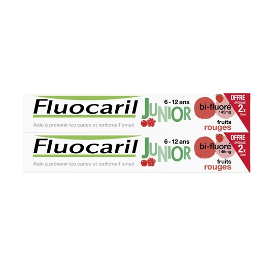 Fluocaril Dentifrice Junior Enfants Fruits Rouges 6 à 12 ans - Lot de 2 x 75 ml
