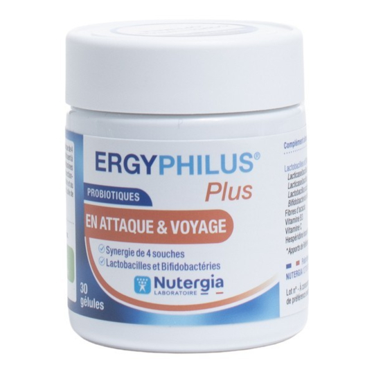 Nutergia Ergyphilus Plus 30 gélules – probiotiques 4 souches, voyage et attaque