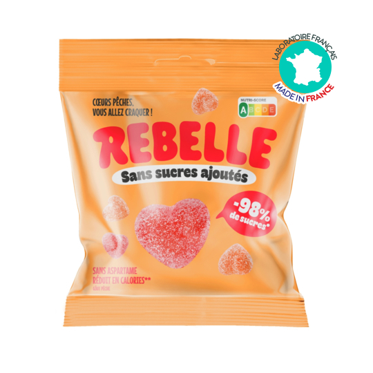 Rebelle Bonbons Cœurs de pêche 50 g – faible teneur en sucre