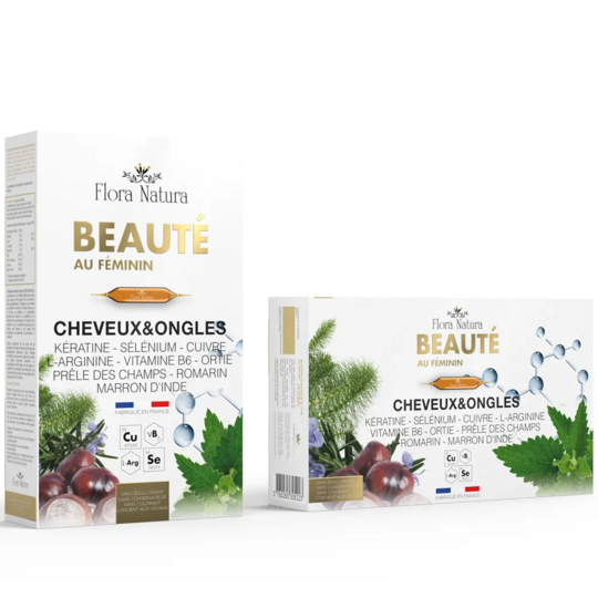 Flora Natura Complexe beauté au féminin cheveux et ongles 20 ampoules 15 ml – kératine, sélénium et plantes bio – force et brillance