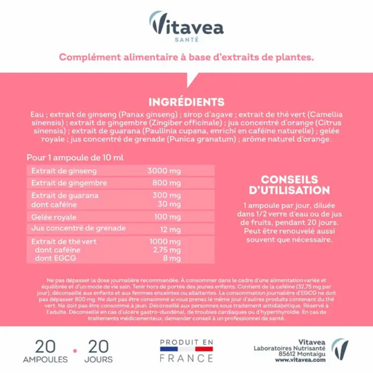 Vitavea Santé Force G booster shot 20 ampoules — complément alimentaire énergie immédiate et performances mentales