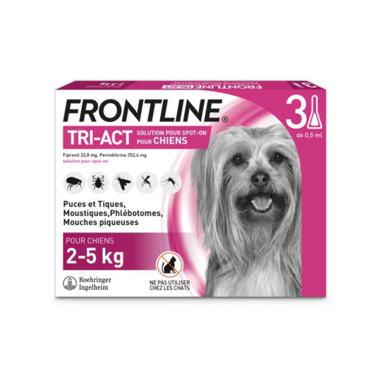 Frontline Tri-Act Chien XS 2–5 kg – Antiparasitaire externe chien 2–5 kg – Solution pour application cutanée (spot-on) – Boîte de 3 pipettes