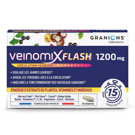 Granions Veinomix Flash 1200 mg 30 comprimés – Circulation veineuse et jambes légères