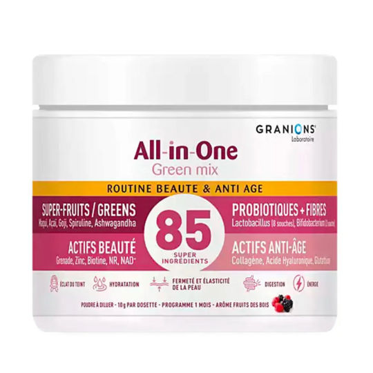 Granions All-in-One Green Mix Beauté & Anti-Âge Fruits Rouges 146 g – Routine beauté globale, peau et microbiote