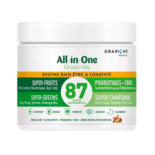 Granions All-in-One Bien-Être & Longévité Framboise & Kiwi 146 g – Vitalité, microbiote et longévité