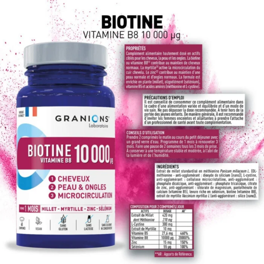 Biotine Vitamine B8 - Cheveux, peau et ongles 10 000 µg 60 comprimés