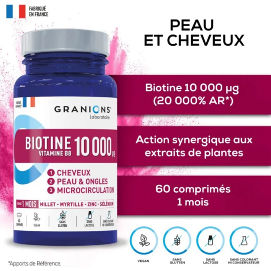 Biotine Vitamine B8 - Cheveux, peau et ongles 10 000 µg 60 comprimés