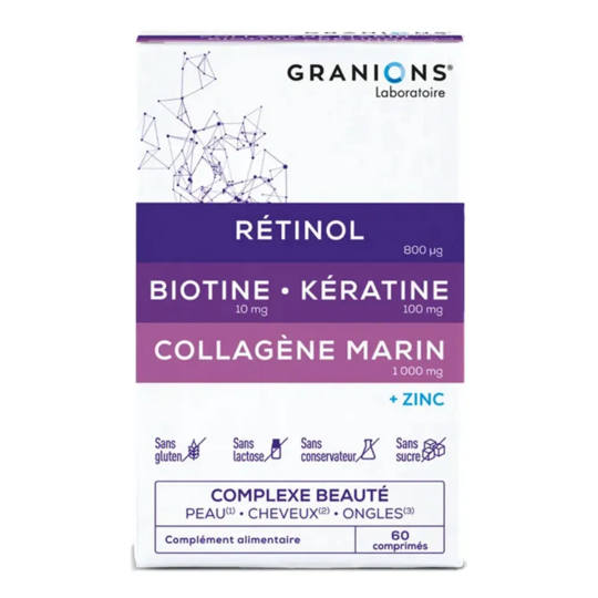 Granions Rétinol, Biotine, Kératine, Collagène marin, Complexe beauté peau, cheveux et ongles 60 Comprimés