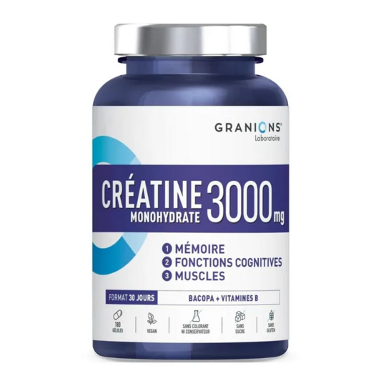 Granions Créatine Monohydrate 3000 mg – 180 gélules avec bacopa et vitamines B pour efforts intenses