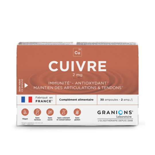 Granions de Cuivre 2 ml Grippe & Rhumatisme 30 ampoules buvables – Médicament oligo-élément