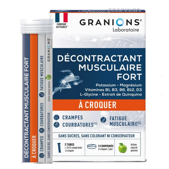 Granions Décontractant Musculaire Fort – 30 comprimés à croquer – Magnésium, plantes & vitamines