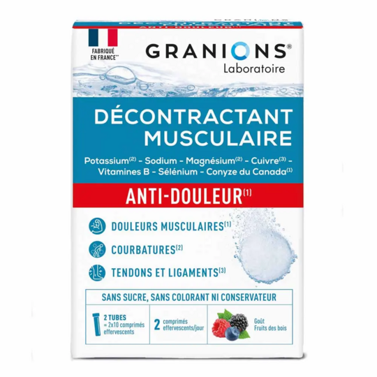 Granions Décontractant Musculaire Anti-Douleur Goût Fruits des Bois 2 x 10 comprimés effervescents – Confort musculaire et réduction de la fatigue