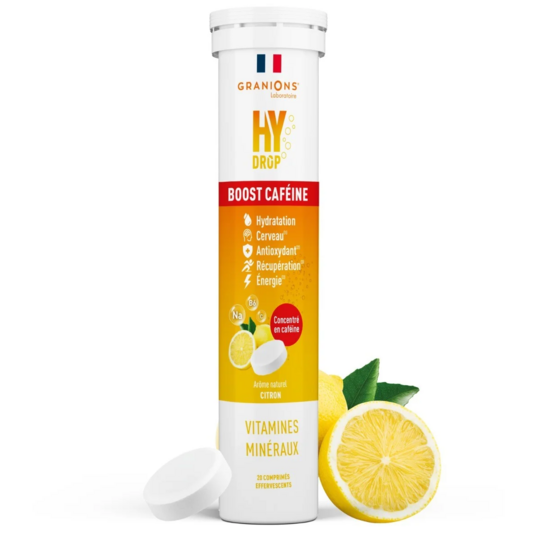 Granions Hydrop Boost caféine saveur citron 20 comprimés effervescents – hydratation énergie et métabolisme caféine naturelle