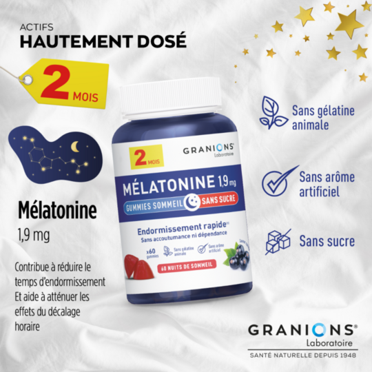 Granions Mélatonine 1,9 mg  Endormissement rapide et sommeil réparateur Format 6 mois 180 comprimés