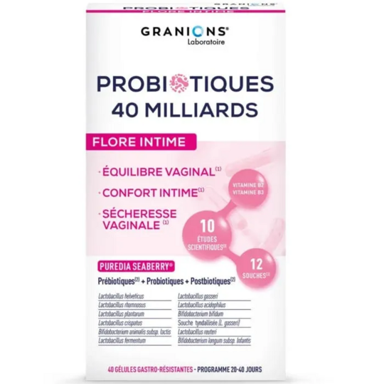 Granions Probiotiques 40 milliards flore intime — 40 Gélules équilibre du microbiote vaginal et confort des muqueuses