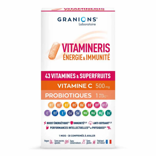 Granions Vitamineris Énergie & Immunité 30 comprimés à avaler – Multivitamines, probiotiques et superfruits