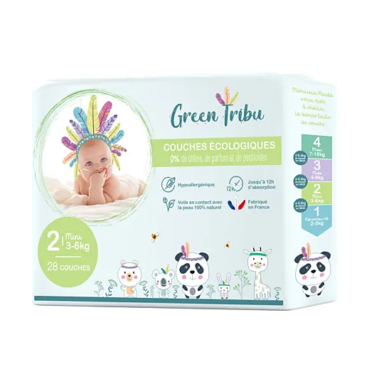 Green Tribu Couches écologiques Mini T2 (3-6 kg) 28 couches – couches bébé hypoallergéniques
