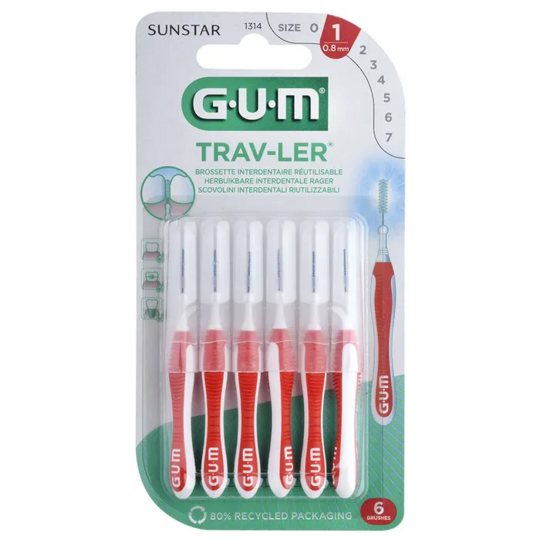 GUM Trav‑ler 0,8 mm – brossettes interdentaires 6 pièces – nettoyage interdentaire précis