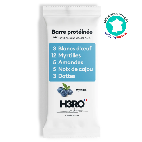 H3RO Barre protéinée Myrtille 52 g – dattes, blanc d'œuf, fruits à coque