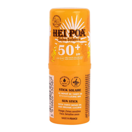Hei Poa Stick Solaire visage SPF50+ 15 g — stick solaire zones sensibles visage luzerne bio nez oreilles cicatrices tatouages